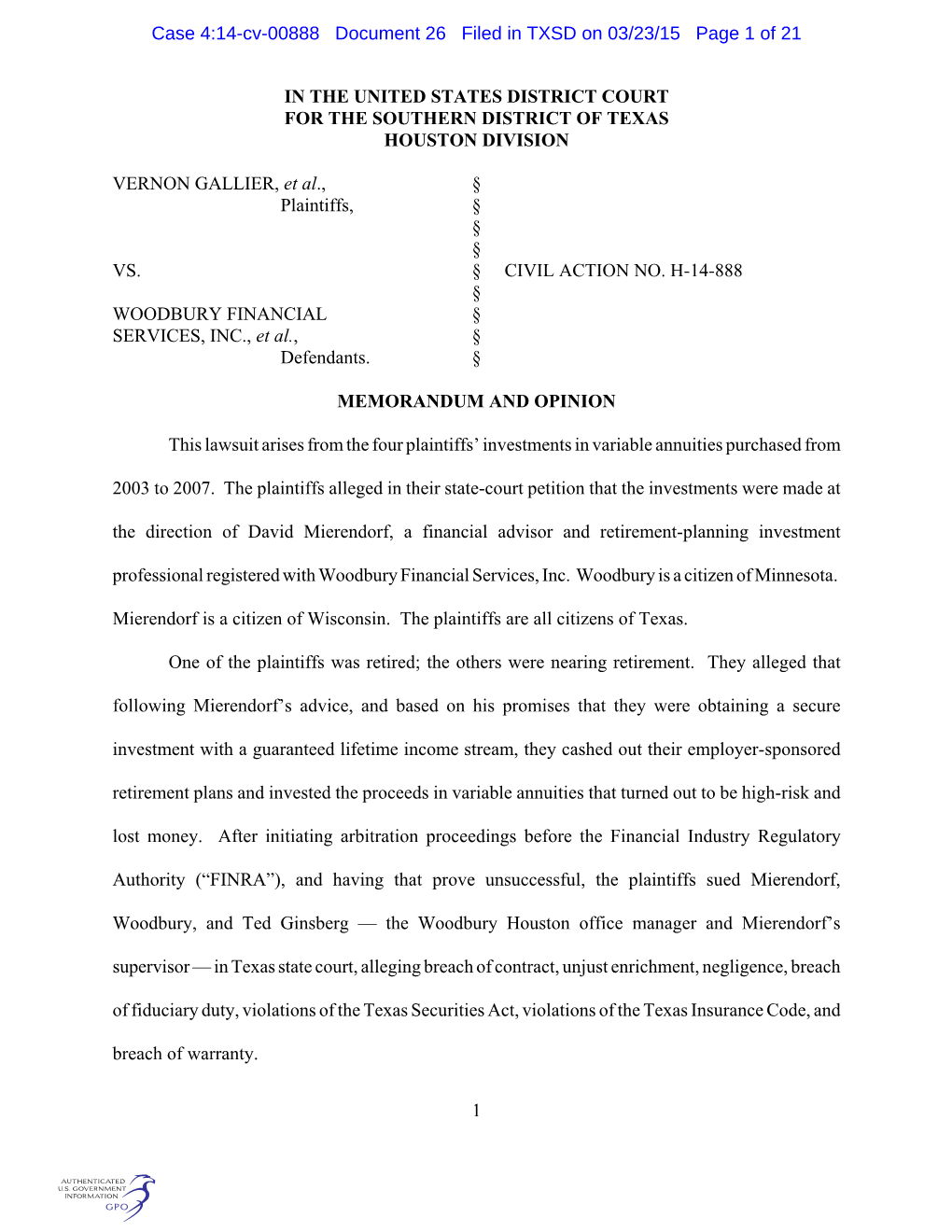 Case 4:14-Cv-00888 Document 26 Filed in TXSD on 03/23/15 Page 1 of 21