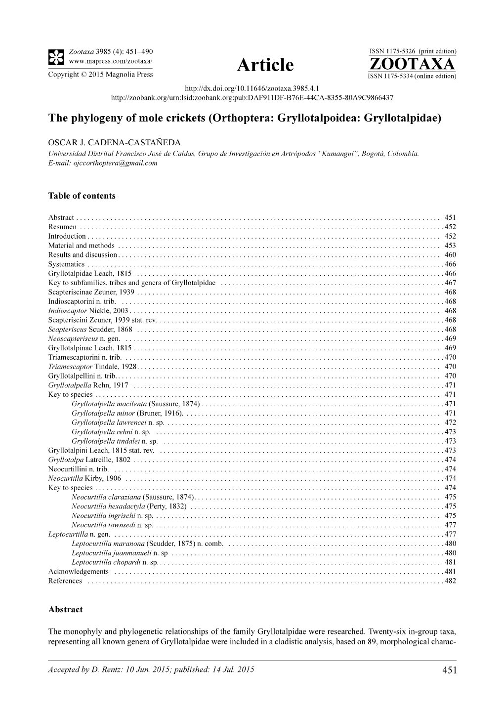 Orthoptera: Gryllotalpoidea: Gryllotalpidae)