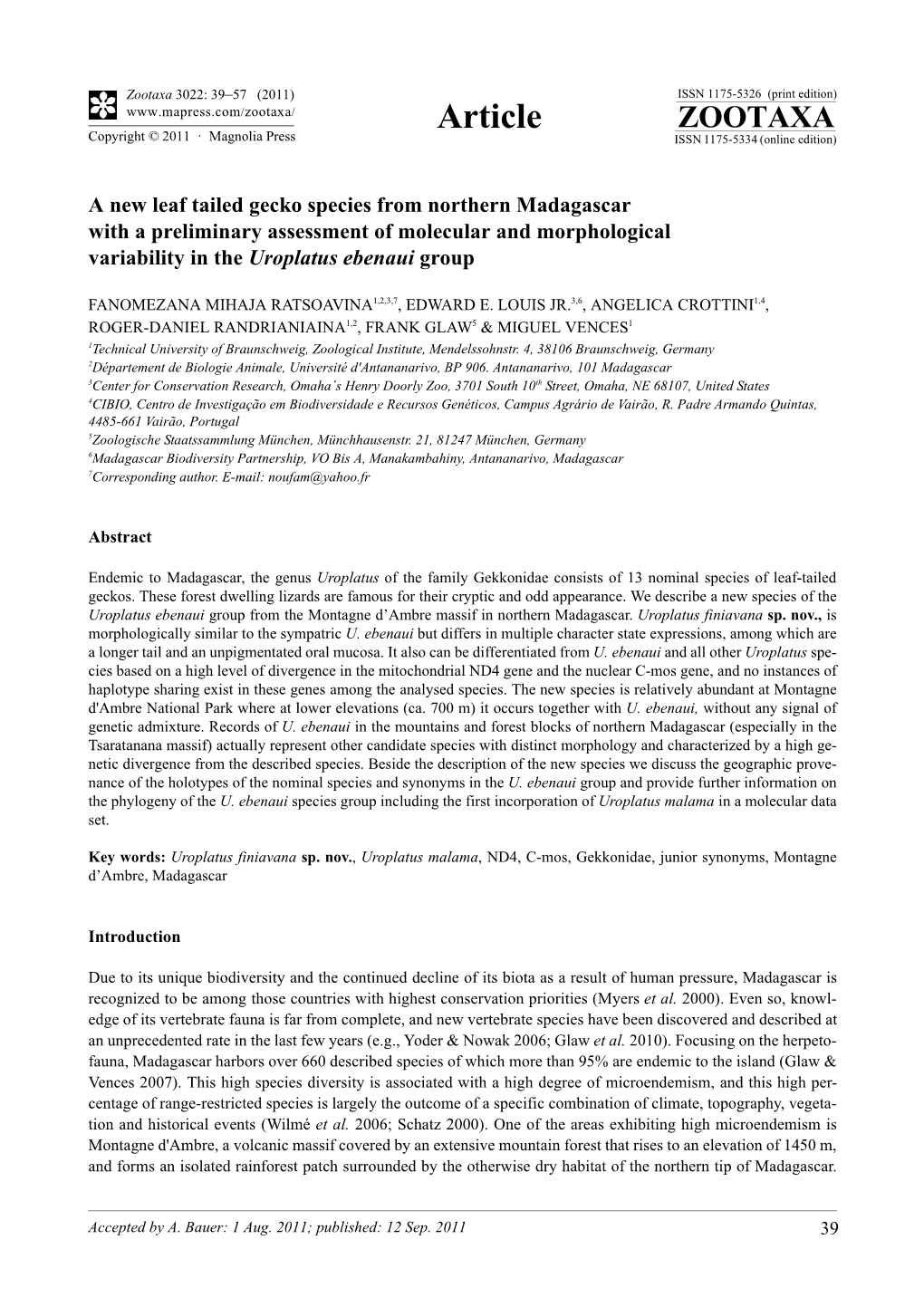 A New Leaf Tailed Gecko Species from Northern Madagascar with a Preliminary Assessment of Molecular and Morphological Variability in the Uroplatus Ebenaui Group