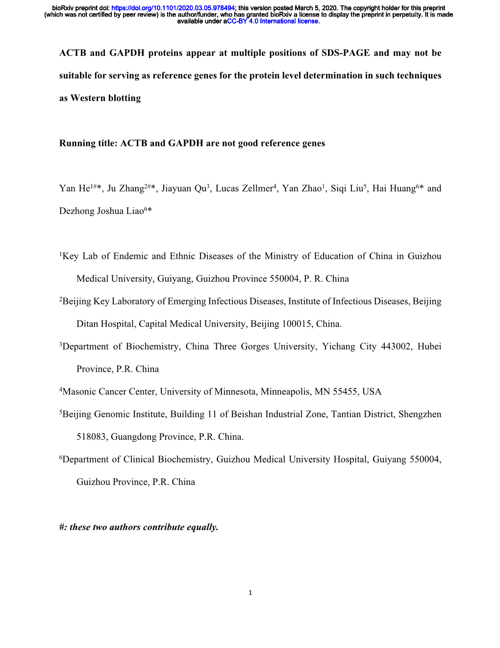 ACTB and GAPDH Proteins Appear at Multiple Positions of SDS-PAGE and May Not Be