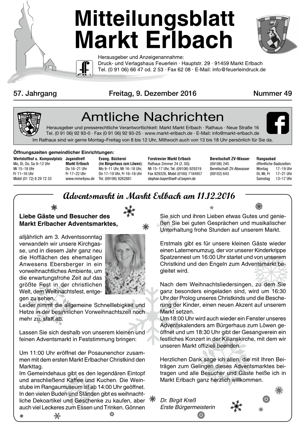 Mitteilungsblatt Markt Erlbach Herausgeber Und Anzeigenannahme: Druck- Und Verlagshaus Feuerlein · Hauptstr