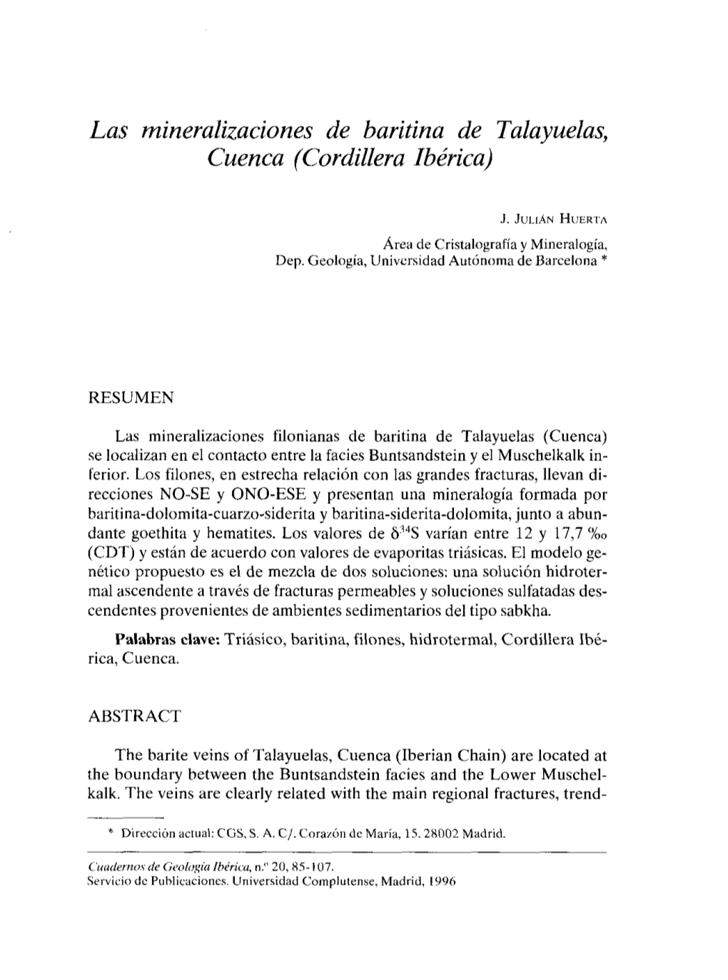 Las Mineralizaciones De Baritina De Talayuelas, Cuenca (Cordillera Ibérica)