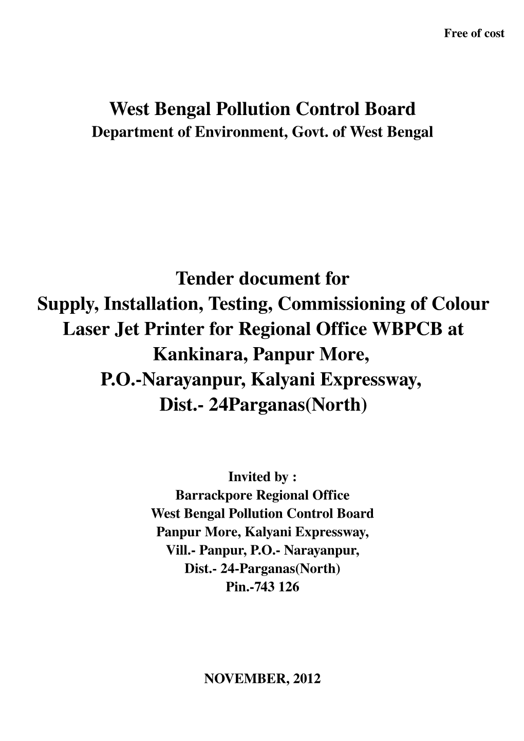 West Bengal Pollution Control Board Tender Document for Supply