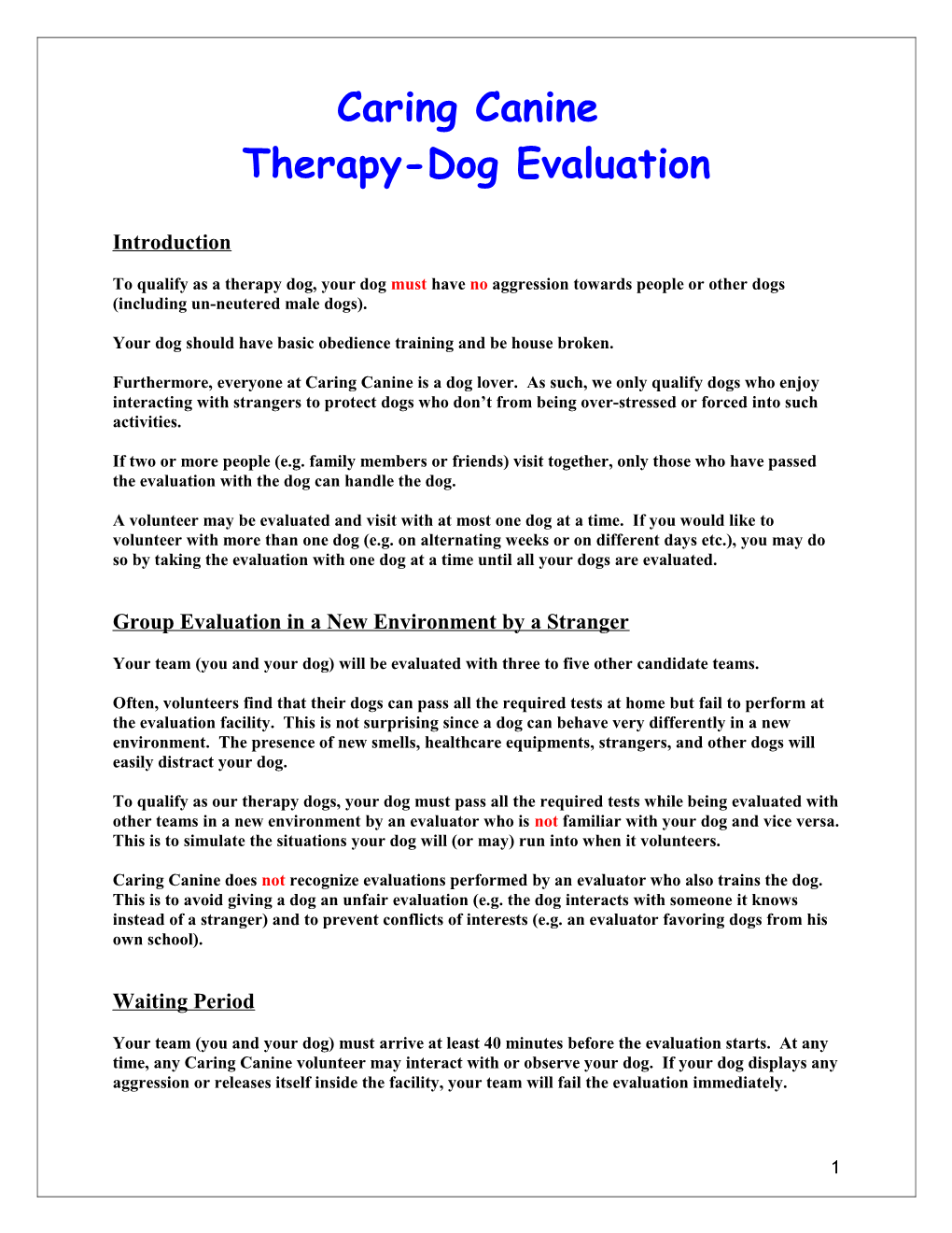 Caring Canine Therapy Dog Evaluation