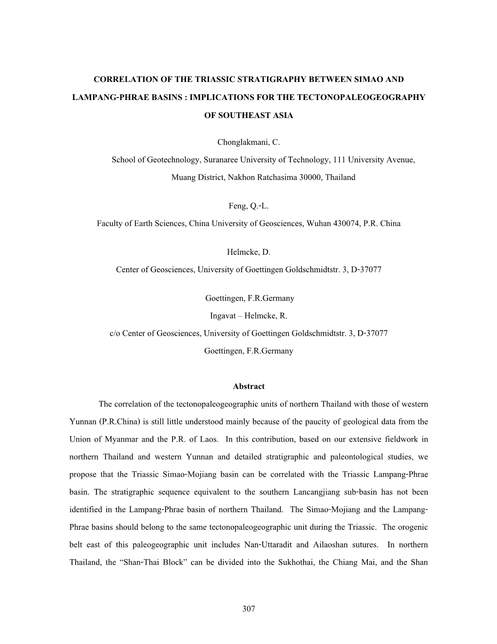 Correlation of the Triassic Stratigraphy Between Simao and Lampang-Phrae Basins : Implications for the Tectonopaleogeography of Southeast Asia