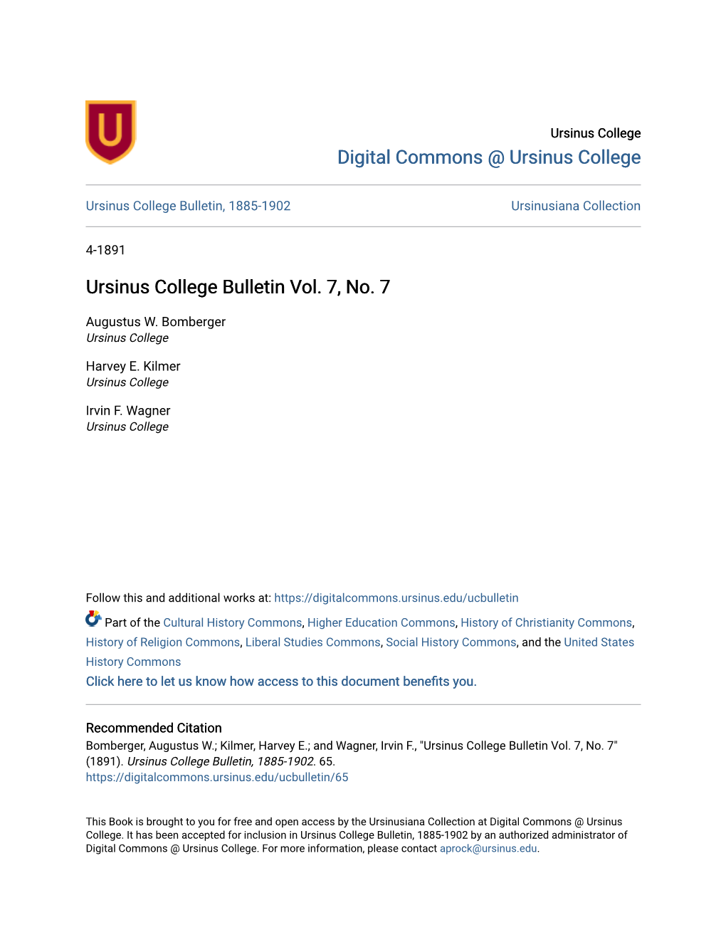 Ursinus College Bulletin Vol. 7, No. 7