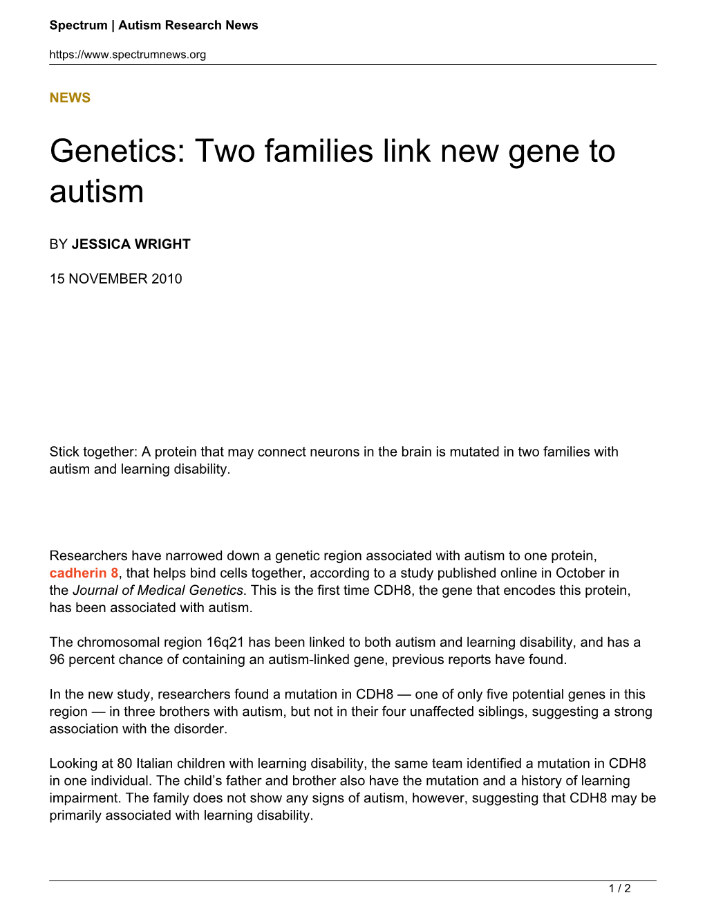 Genetics: Two Families Link New Gene to Autism