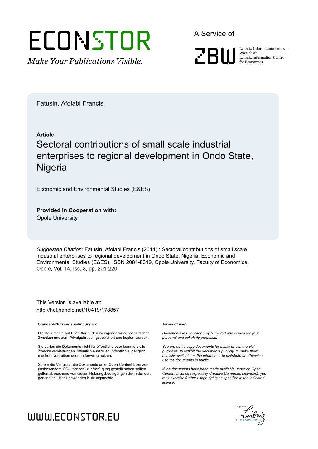 Sectoral Contributions of Small Scale Industrial Enterprises to Regional Development in Ondo State, Nigeria