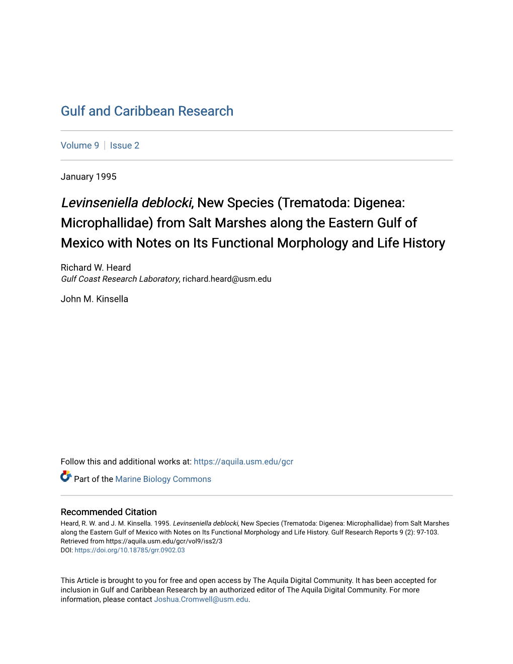 Levinseniella Deblocki, New Species (Trematoda: Digenea: Microphallidae) from Salt Marshes Along the Eastern Gulf of Mexico With