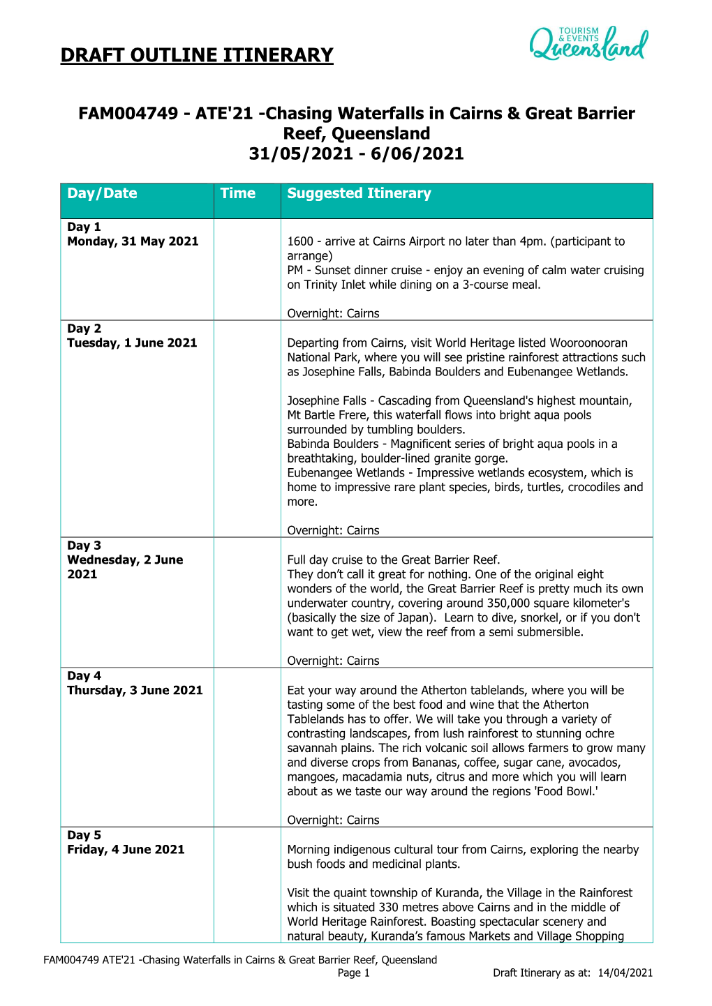 Draft Outline Itinerary