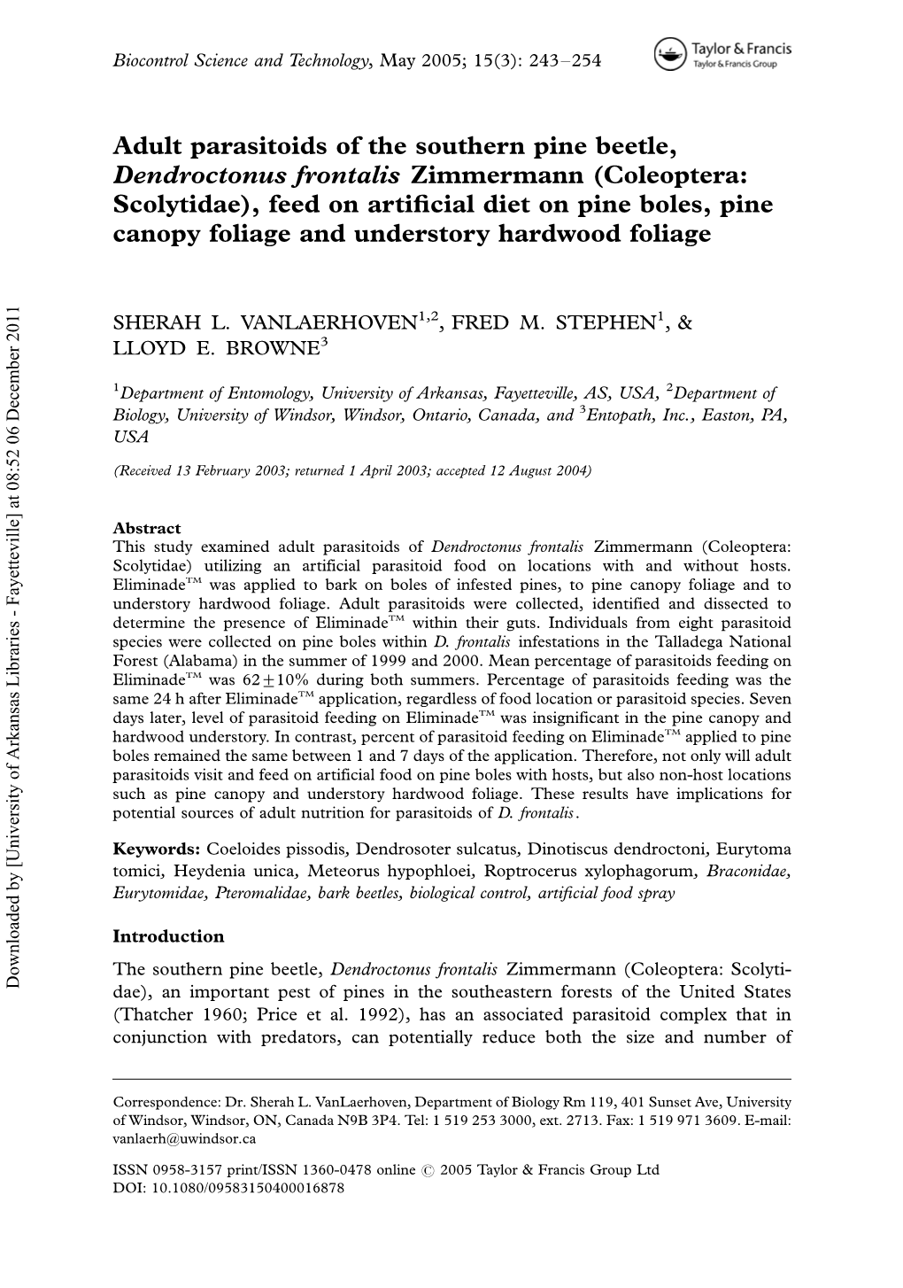 Adult Parasitoids of the Southern Pine Beetle