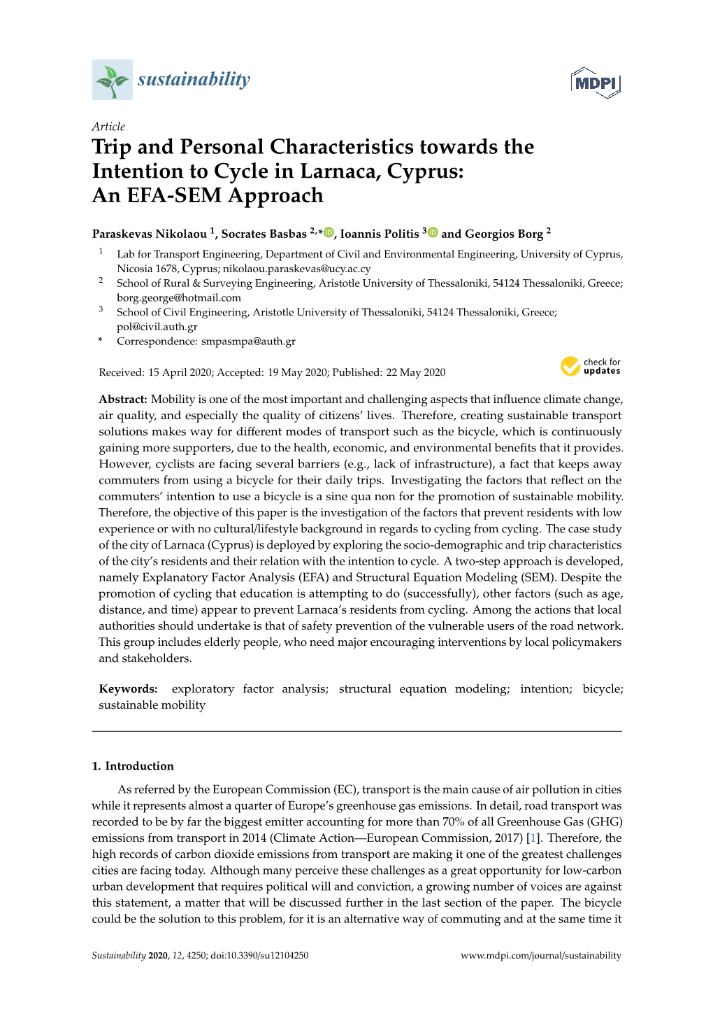 Trip and Personal Characteristics Towards the Intention to Cycle in Larnaca, Cyprus: an EFA-SEM Approach