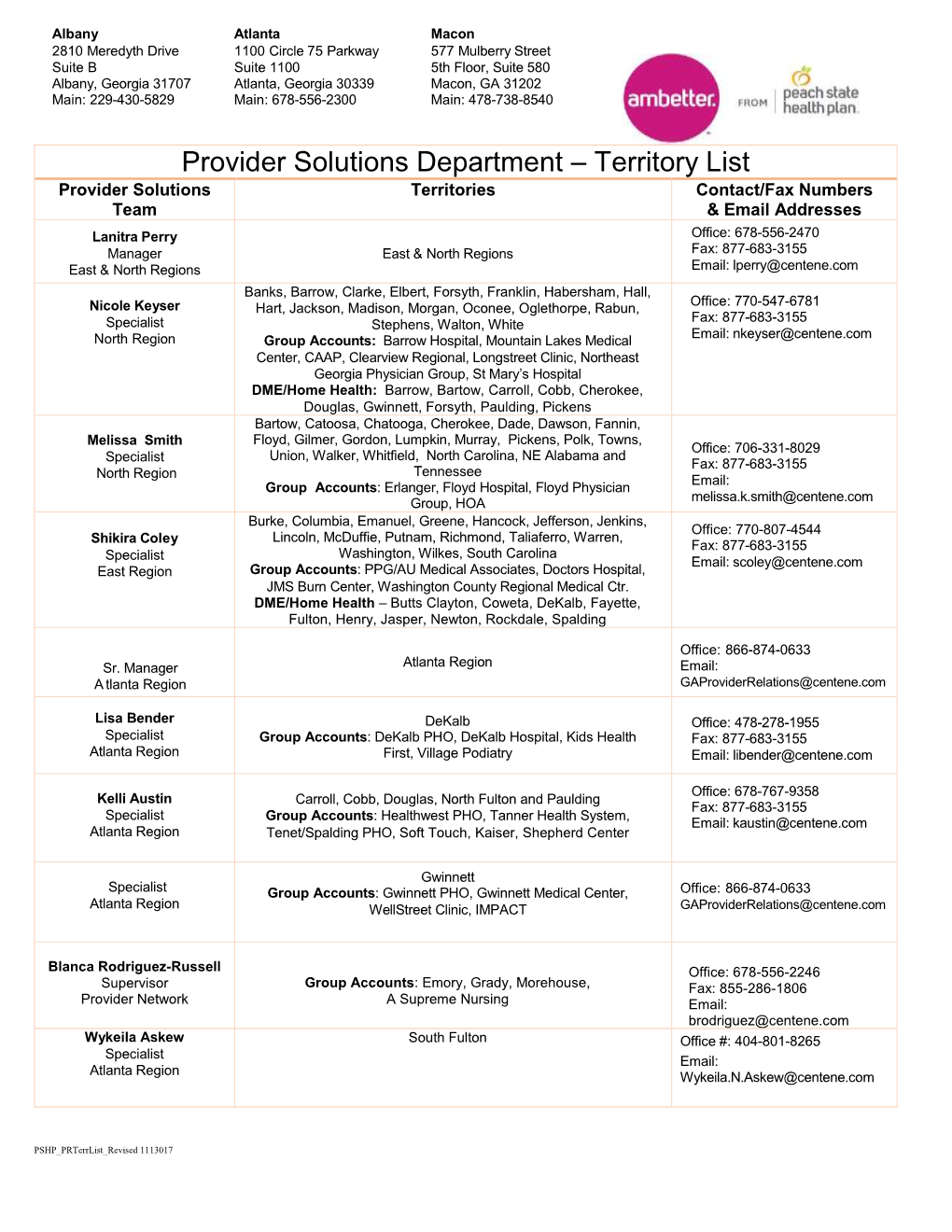 Provider Solutions Department – Territory List Provider Solutions Territories Contact/Fax Numbers Team & Email Addresses