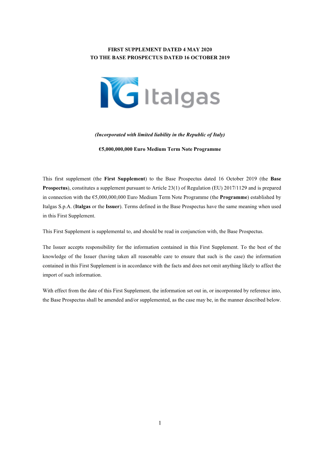 Italgas S.P.A. (Italgas Or the Issuer)