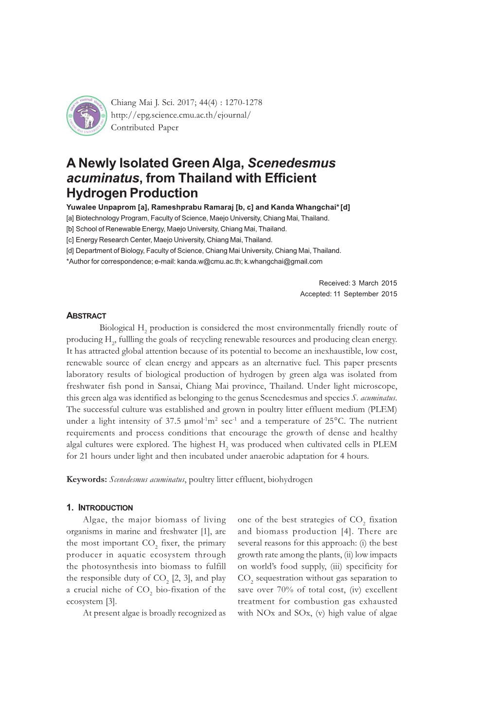 A Newly Isolated Green Alga, Scenedesmus Acuminatus, from Thailand with Efficient Hydrogen Production