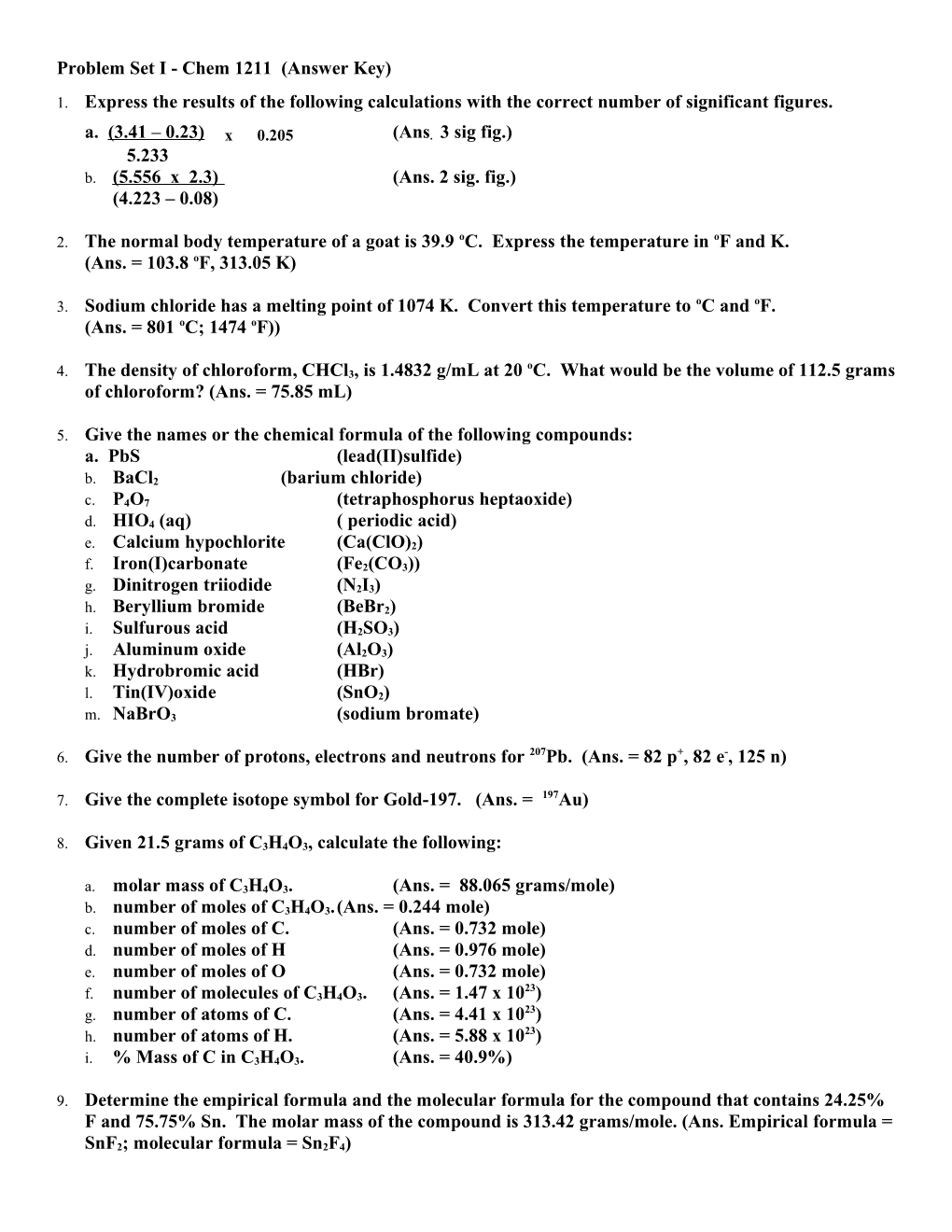 Problem Set I - Chem 1211