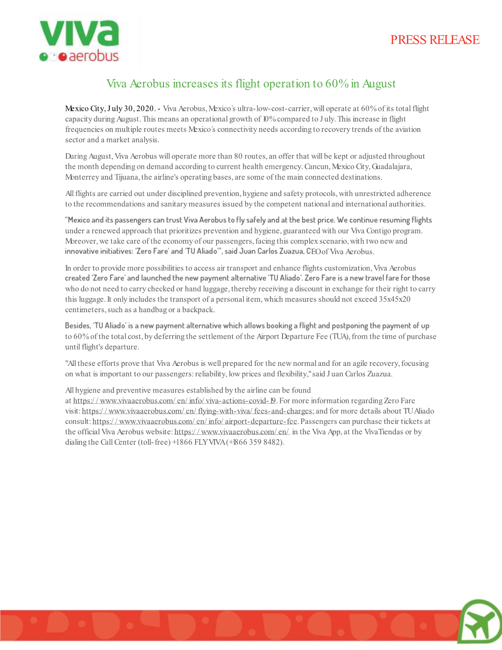 PRESS RELEASE Viva Aerobus Increases Its Flight