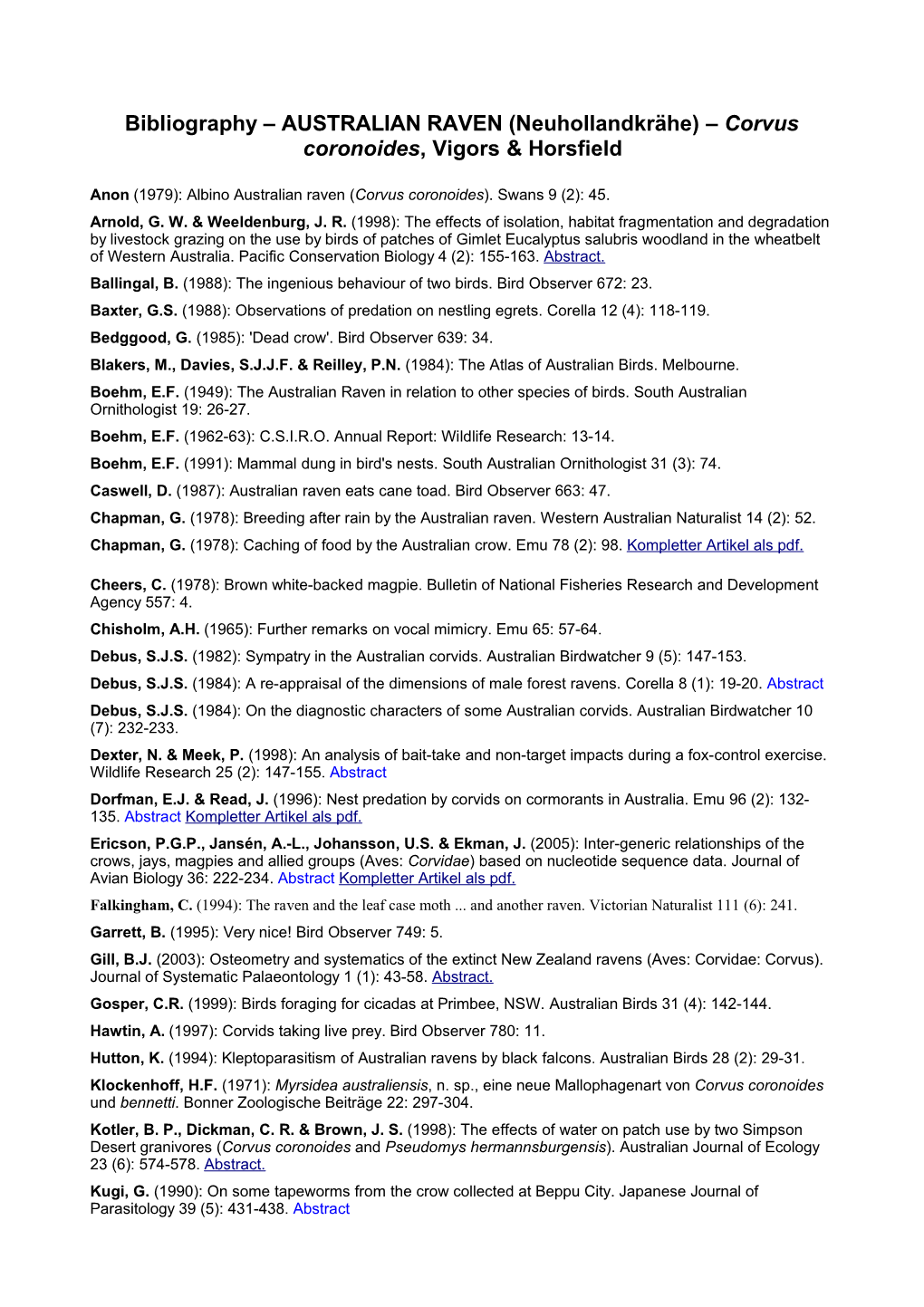 Bibliography – AUSTRALIAN RAVEN (Neuhollandkrähe) – Corvus Coronoides, Vigors & Horsfield