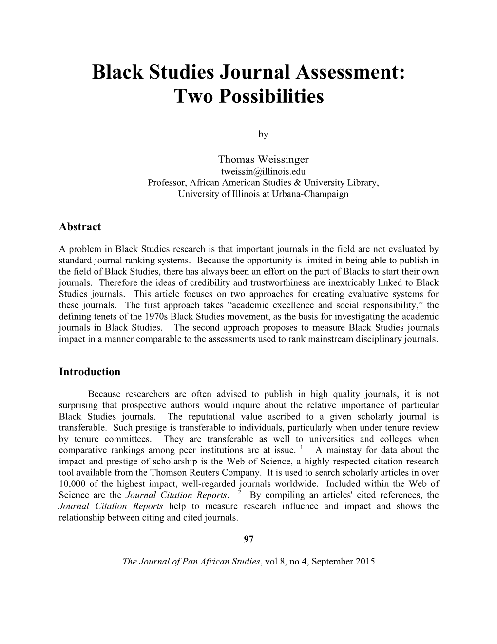 Black Studies Journal Assessment: Two Possibilities