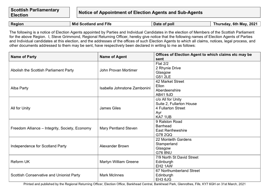 Scottish Parliamentary Election Notice of Appointment of Election Agents