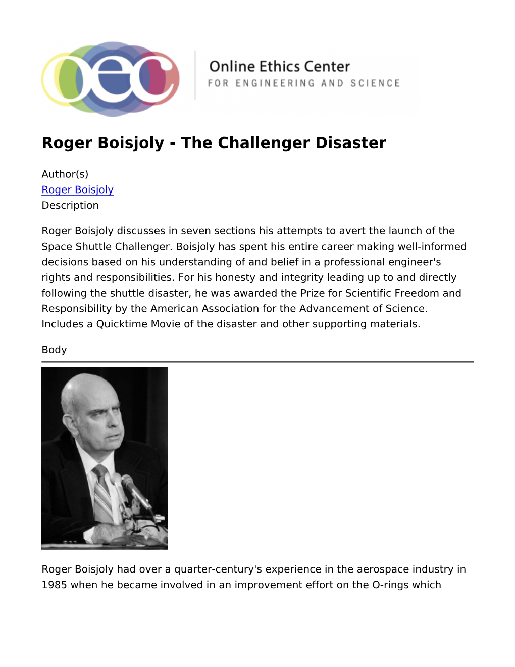 Roger Boisjoly - the Challenger Disaster