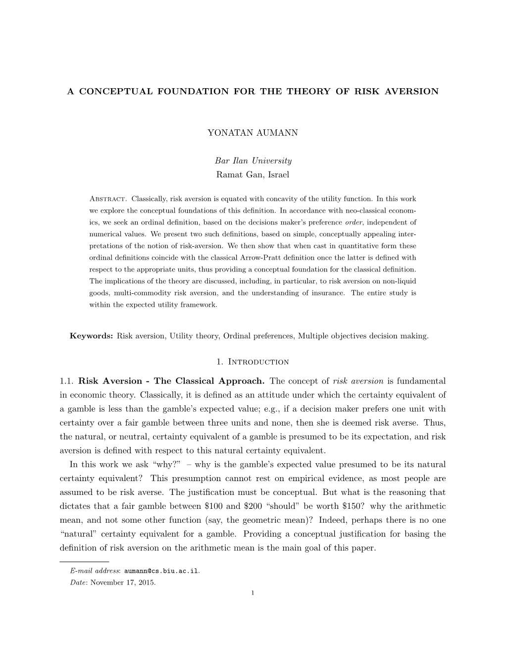 A Conceptual Foundation for the Theory of Risk Aversion