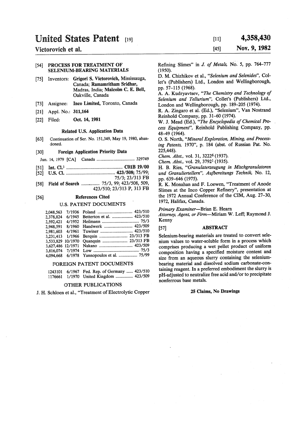 United States Patent (19) (11) 4,358,430 Victorovich Et Al