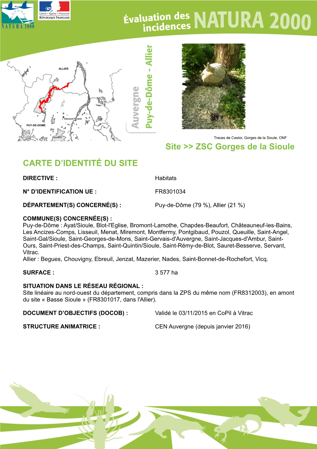 Site &gt;&gt; ZSC Gorges De La Sioule CARTE D'identité DU SITE