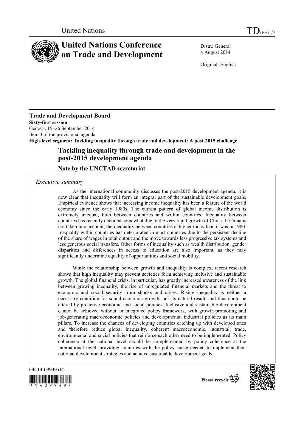 Tackling Inequality Through Trade and Development in the Post-2015 Development Agenda Note by the UNCTAD Secretariat