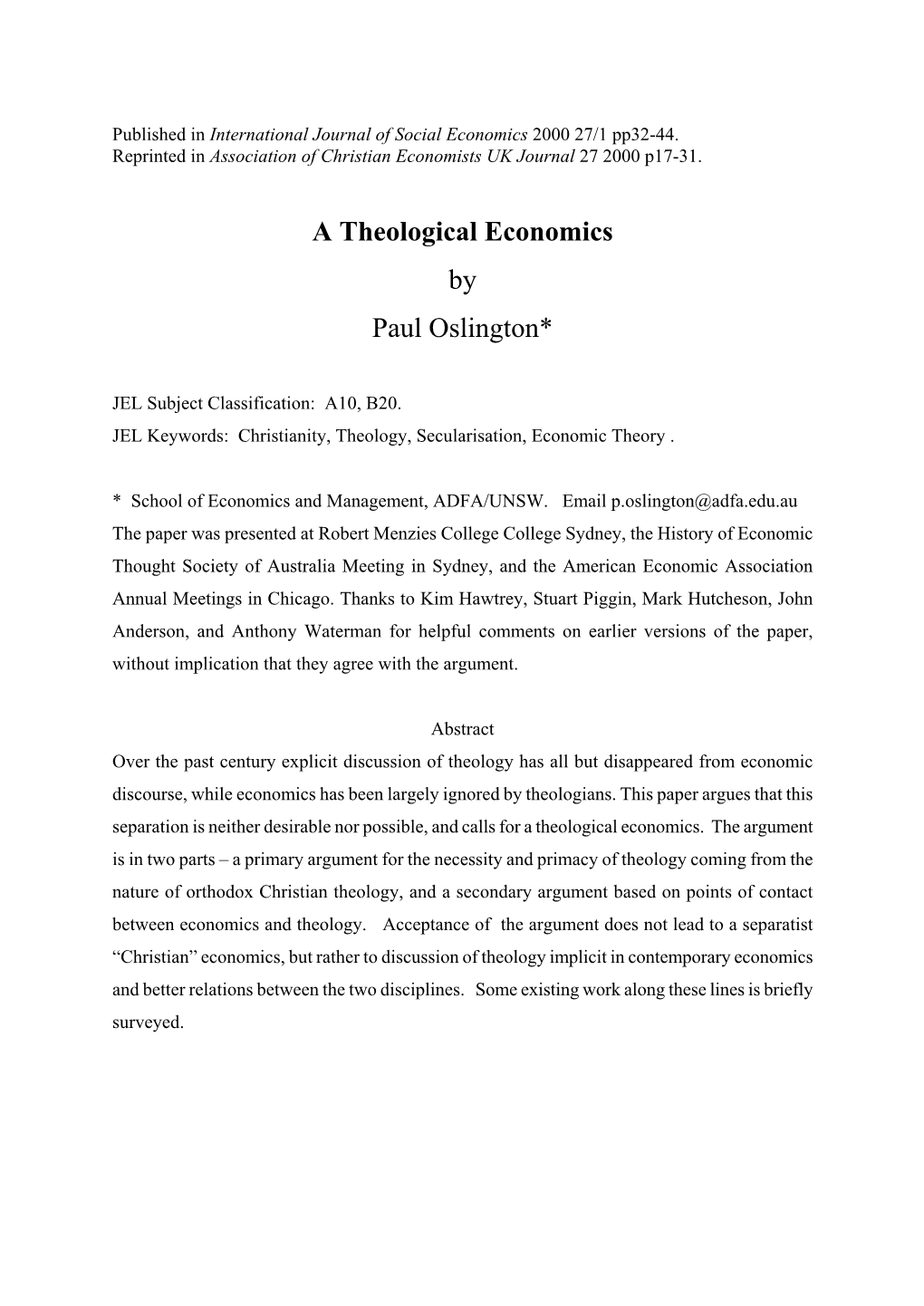 A Theological Economics by Paul Oslington