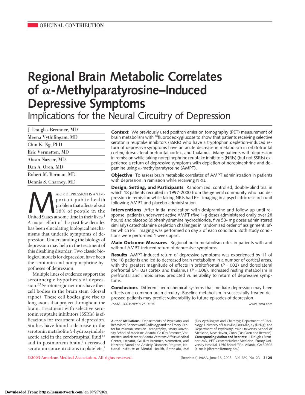 Methylparatyrosine Induced Depressive Symptoms