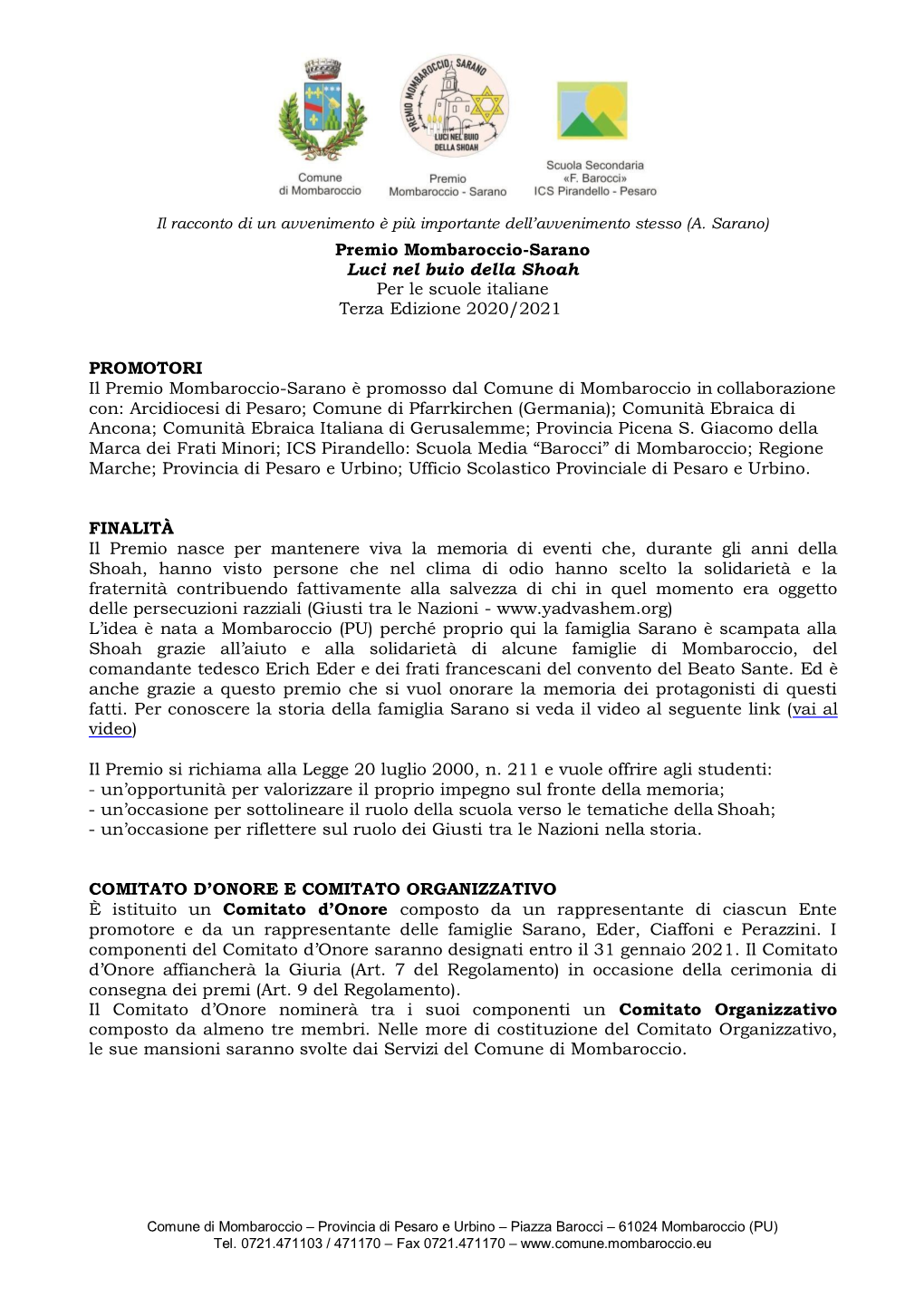 Premio Mombaroccio-Sarano Luci Nel Buio Della Shoah Per Le Scuole Italiane Terza Edizione 2020/2021
