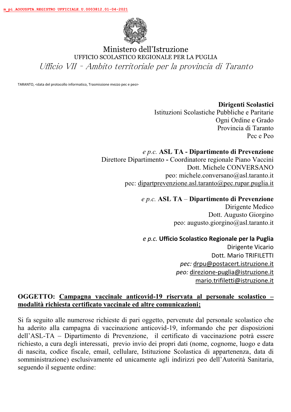 Ufficio VII – Ambito Territoriale Per La Provincia Di Taranto