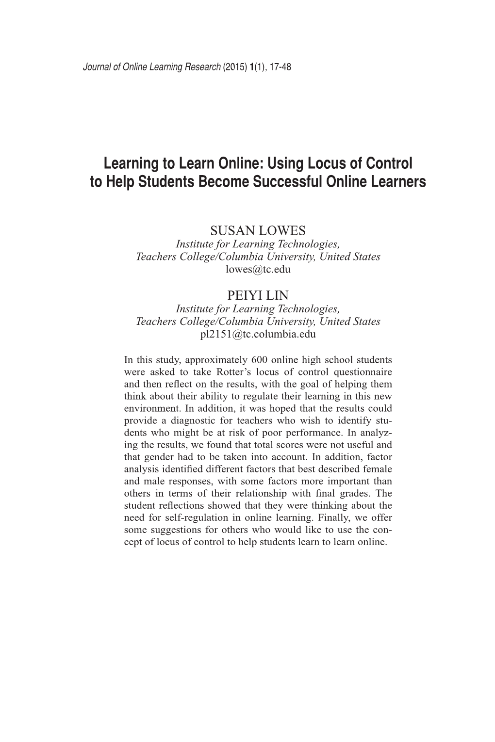 Learning to Learn Online: Using Locus of Control to Help Students Become Successful Online Learners