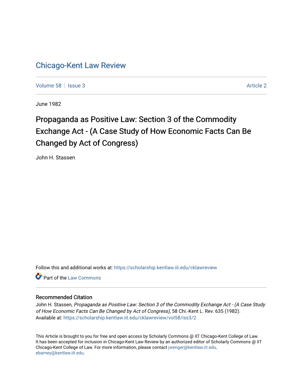 Propaganda As Positive Law: Section 3 of the Commodity Exchange Act - (A Case Study of How Economic Facts Can Be Changed by Act of Congress)