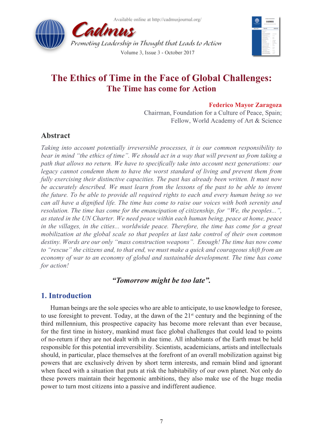 The Ethics of Time in the Face of Global Challenges: the Time Has Come for Action