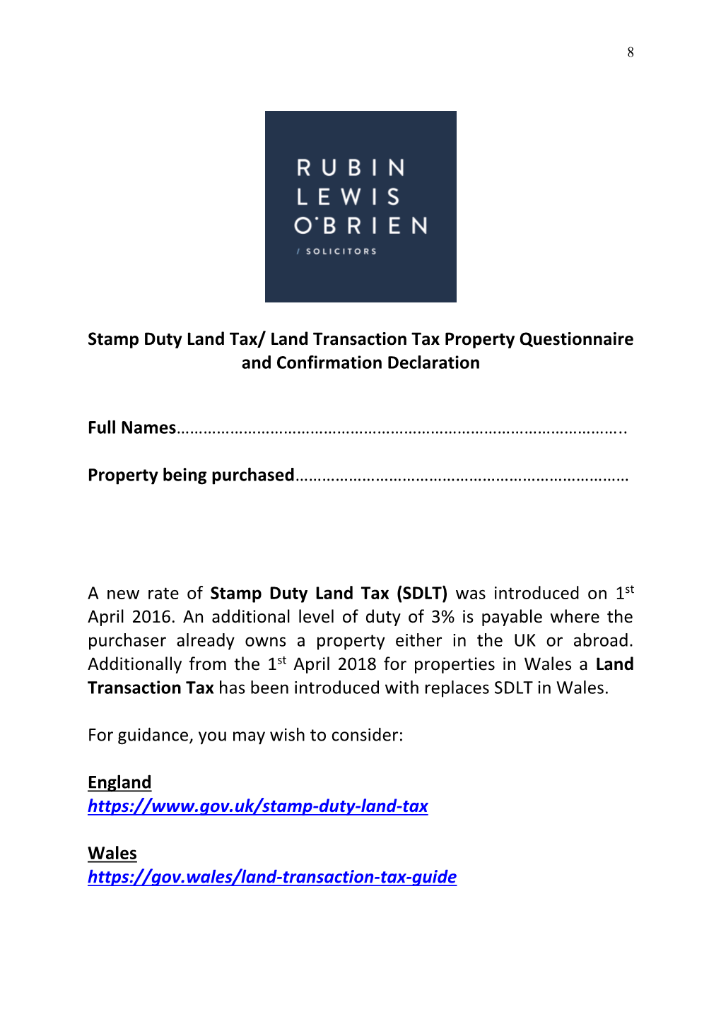 SDLT/LTT Property Questionnaire