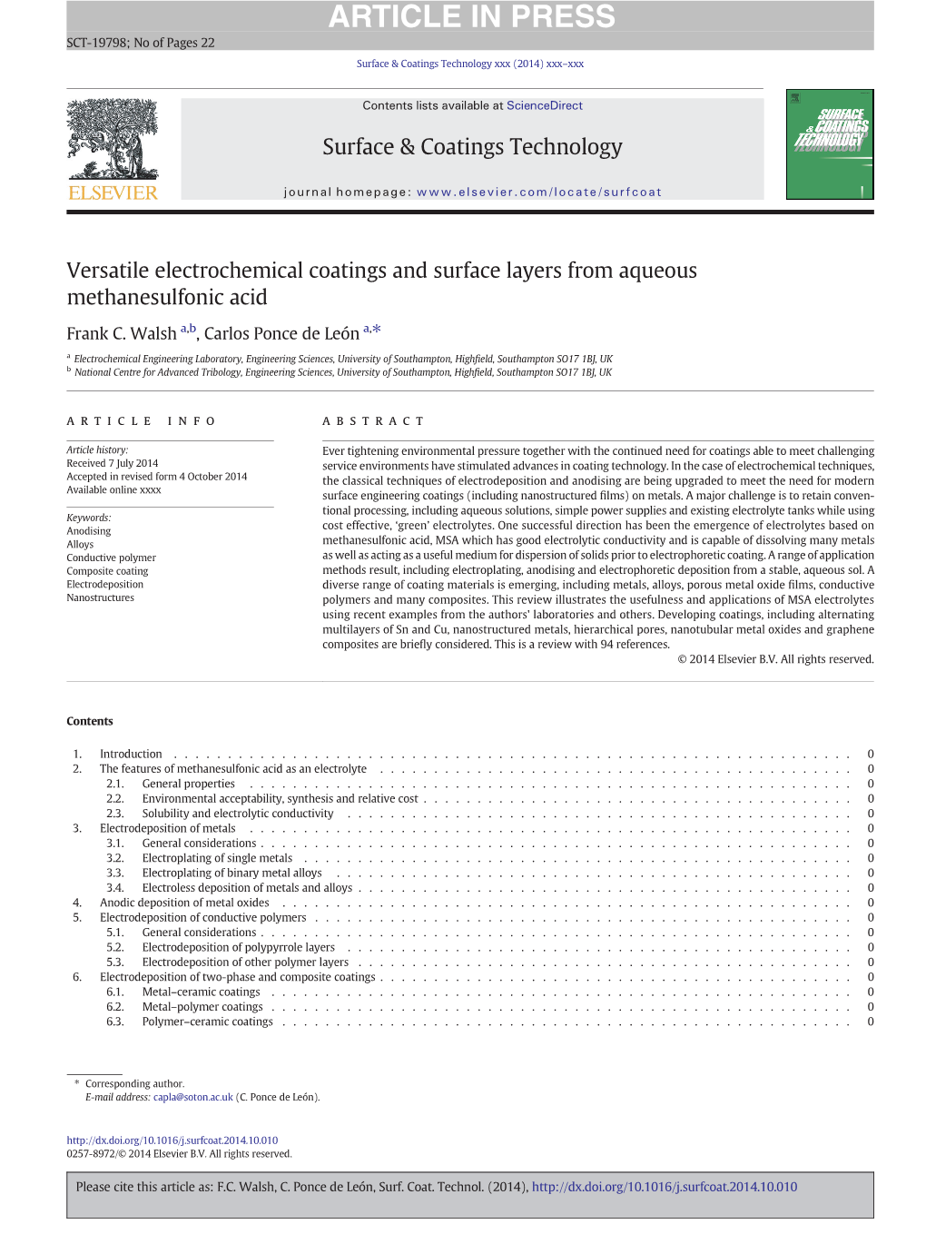 Versatile Electrochemical Coatings and Surface Layers from Aqueous Methanesulfonic Acid