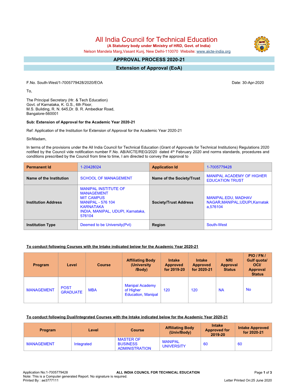 All India Council for Technical Education (A Statutory Body Under Ministry of HRD, Govt