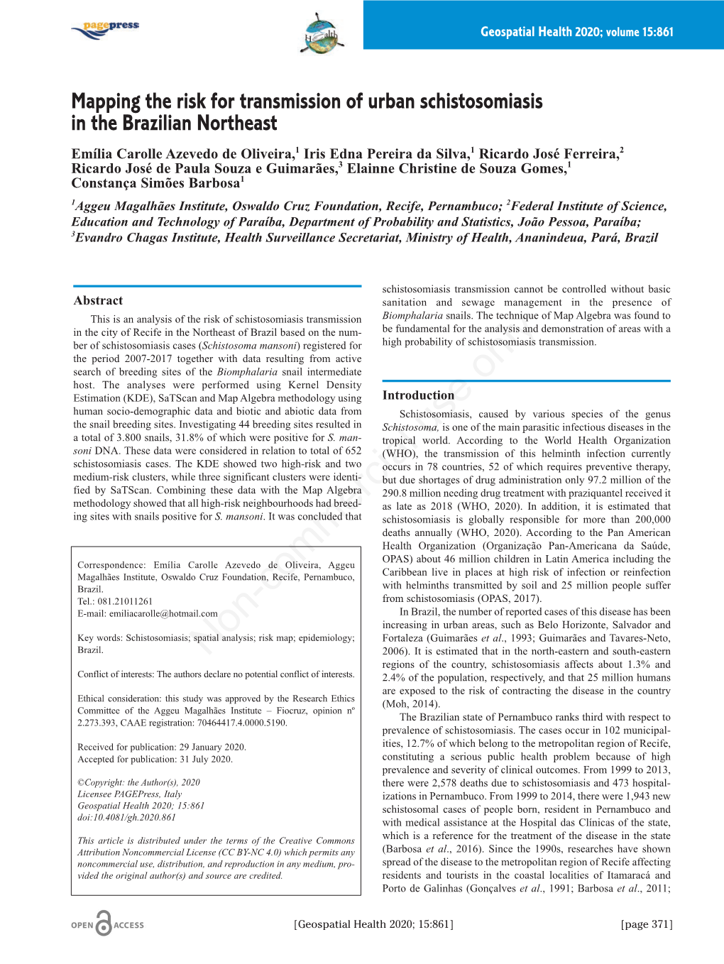 Mapping the Risk for Transmission of Urban Schistosomiasis in the Brazilian Northeast