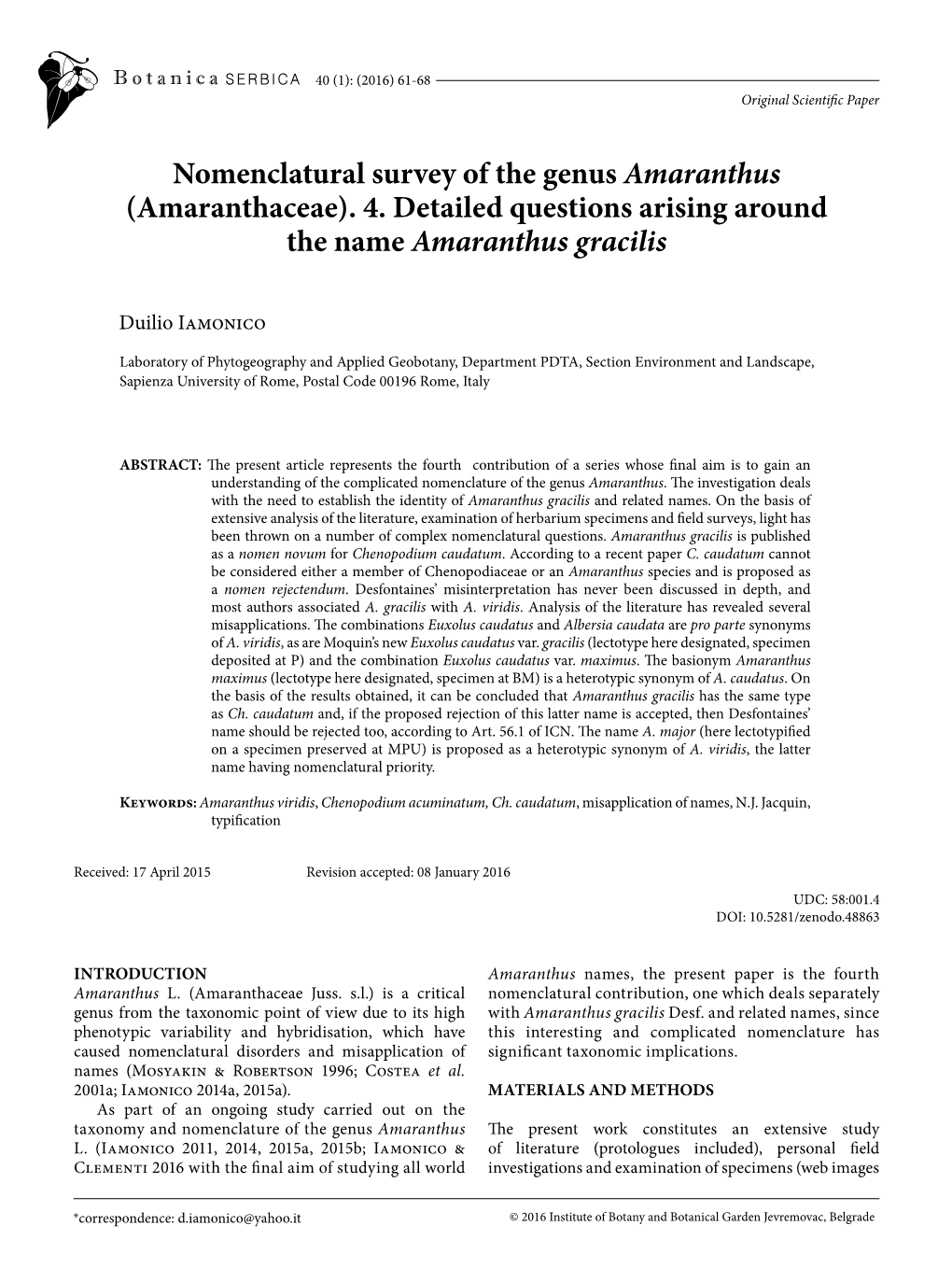 Nomenclatural Survey of the Genus Amaranthus (Amaranthaceae)