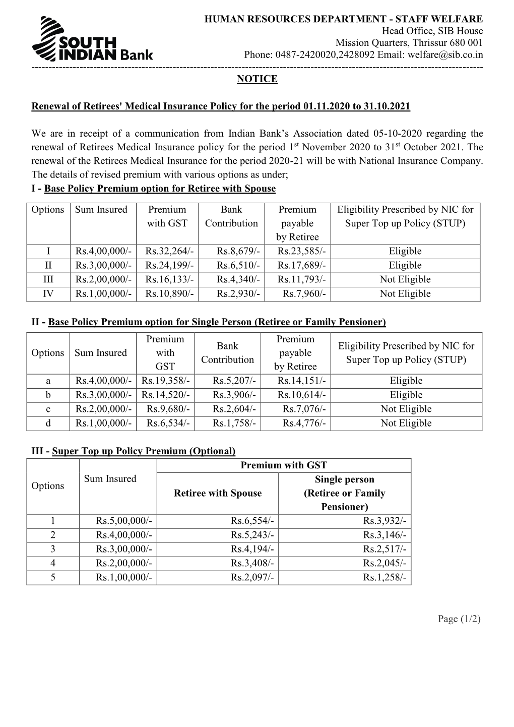 STAFF WELFARE Head Office, SIB House Mission Quarters, Thrissur 680 001 Phone: 0487-2420020,2428092 Email: Welfare@Sib.Co.In ------NOTICE