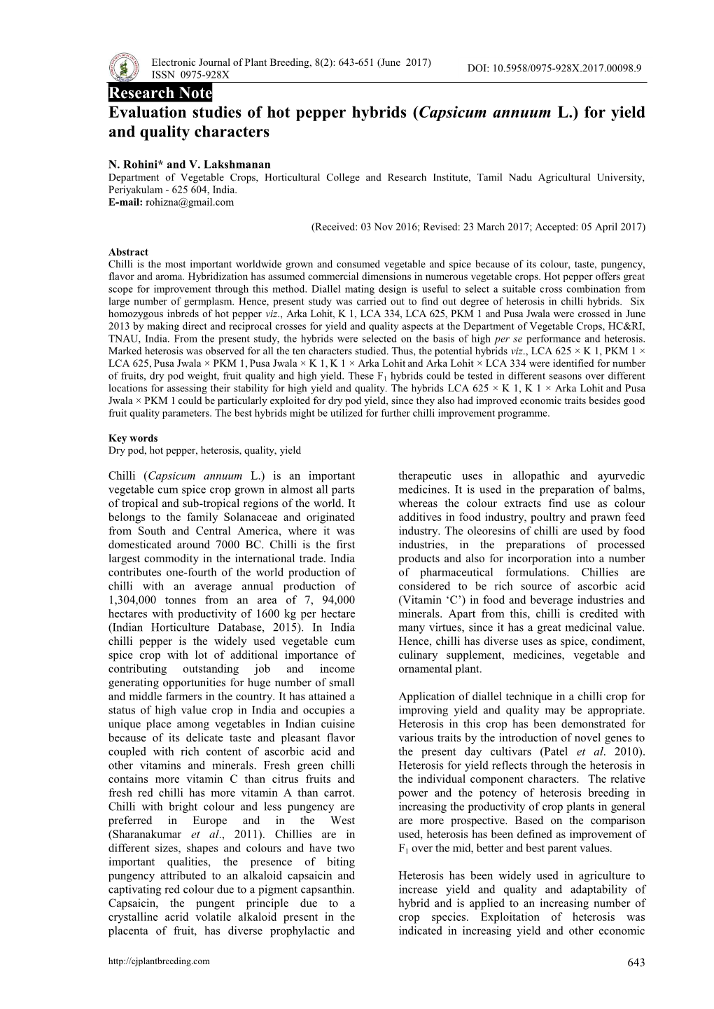 Research Note Evaluation Studies of Hot Pepper Hybrids (Capsicum Annuum L.) for Yield and Quality Characters