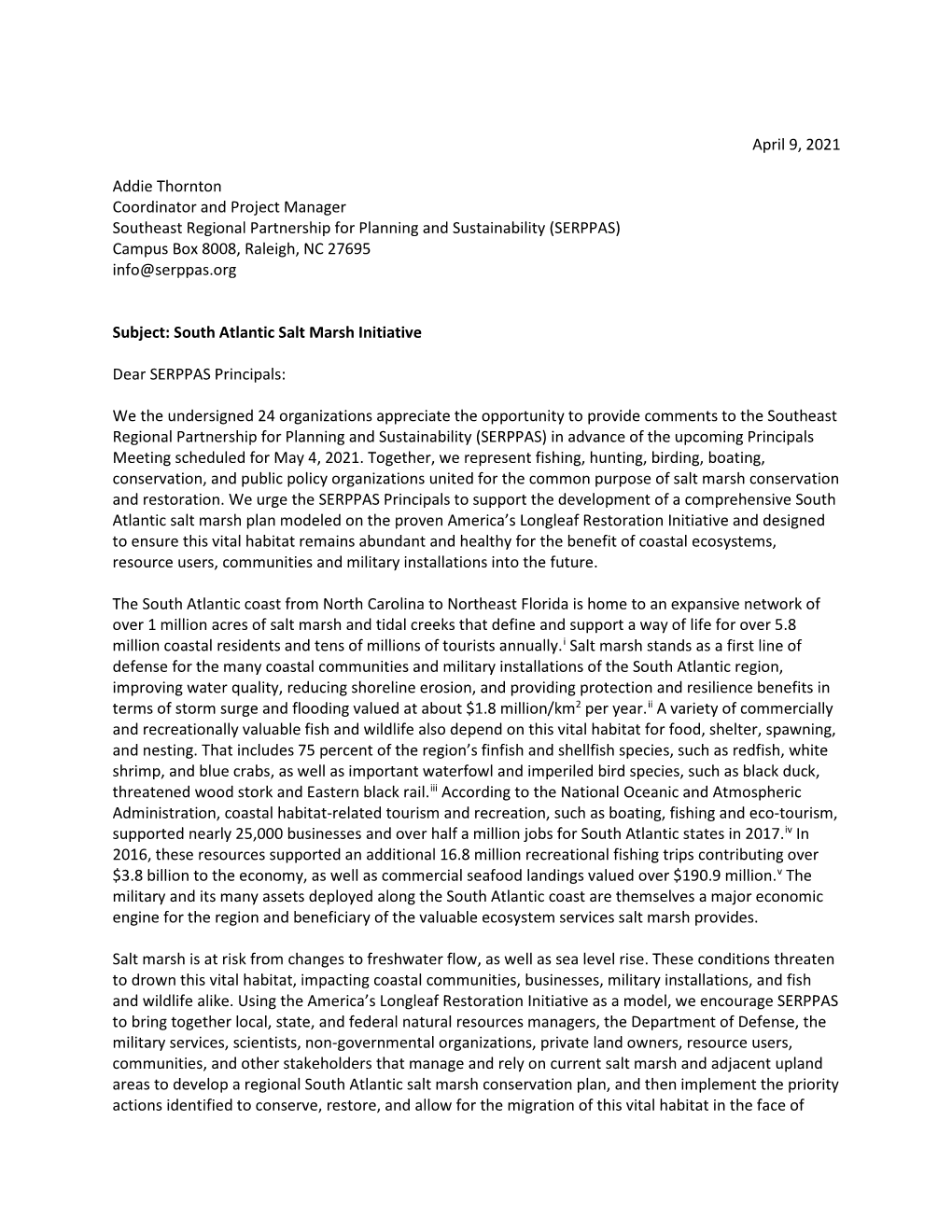 South Atlantic Salt Marsh Conservation Initiative Sign-On Letter (PDF)