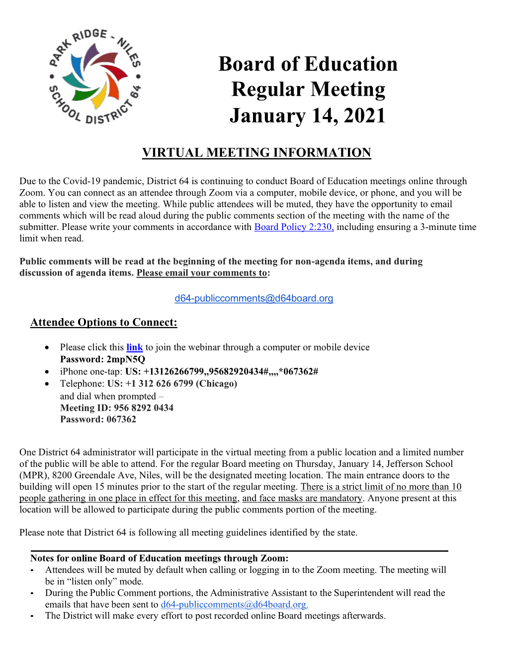 Board of Education Regular Meeting January 14, 2021