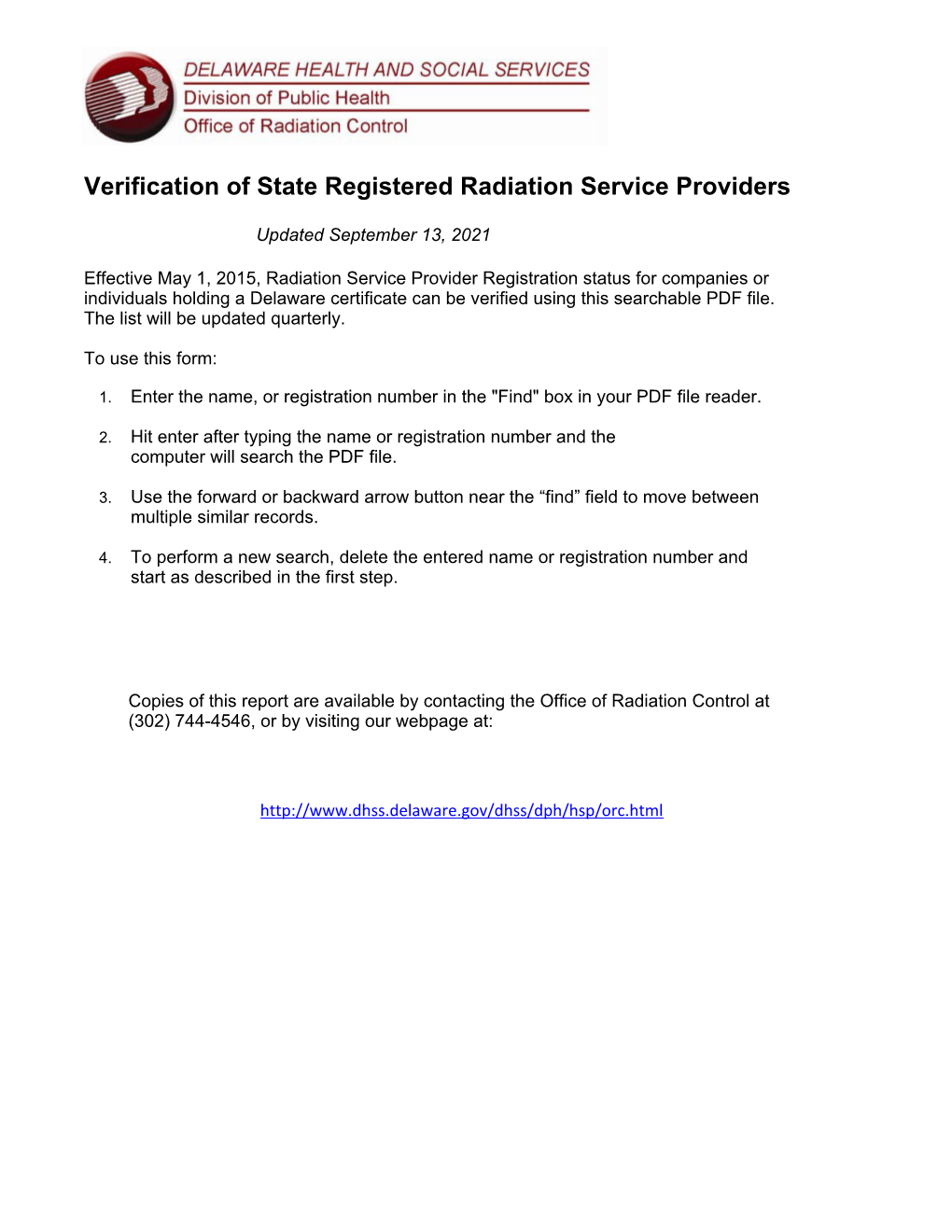 Verification of State Registered Radiation Service Providers