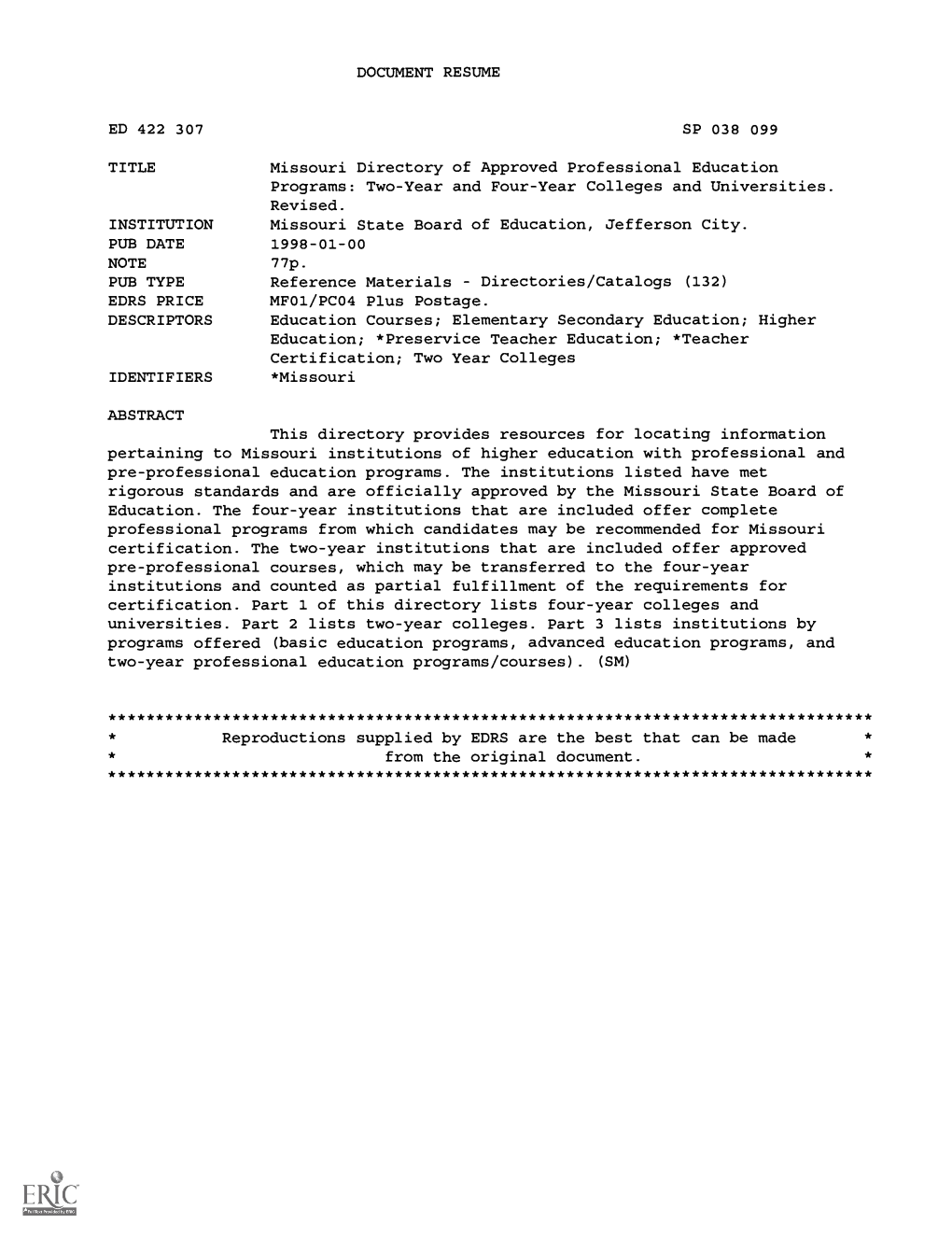 DOCUMENT RESUME Missouri Directory of Approved Professional