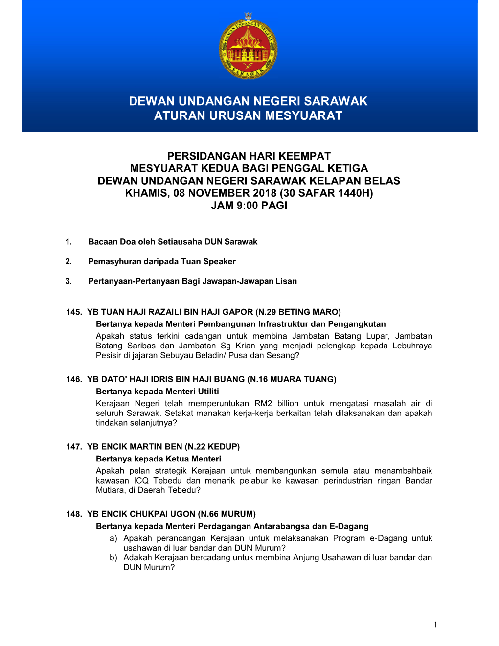 Dewan Undangan Negeri Sarawak Aturan Urusan