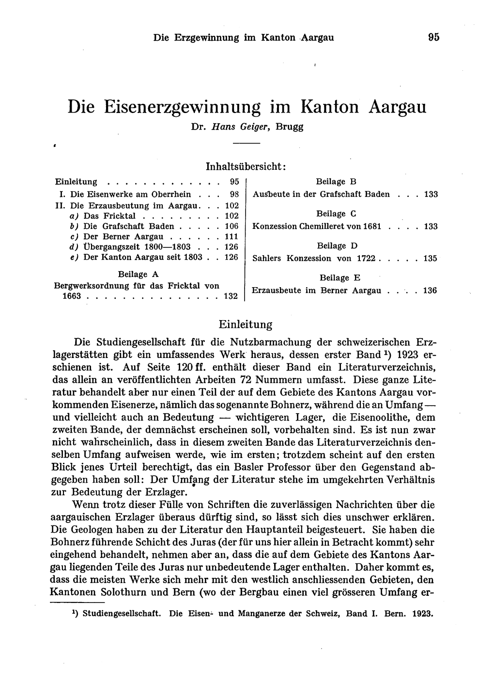 Die Eisenerzgewinnung Im Kanton Aargau Dr