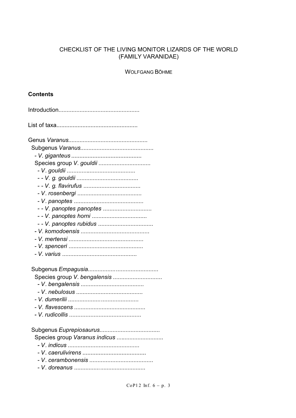 CHECKLIST of the LIVING MONITOR LIZARDS of the WORLD (FAMILY VARANIDAE) Contents Introduction